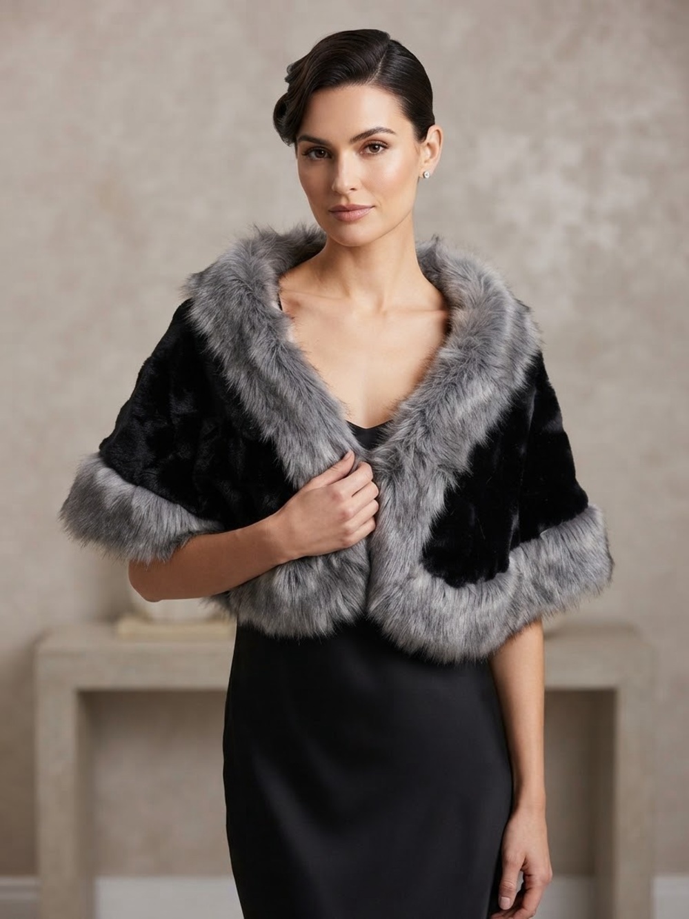 Caracilia Faux Fur Shawl Wrap - Two-Tone Grey and Black